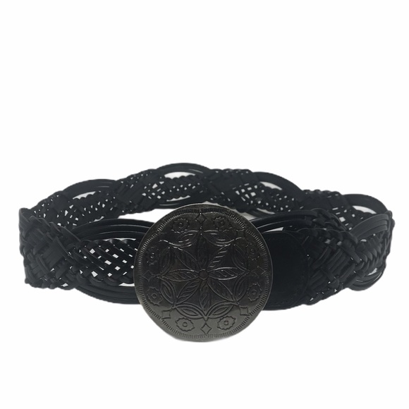 New York & Co Braided Brown Leather Belt Silver Medallion Buckle - Picture 11 of 14